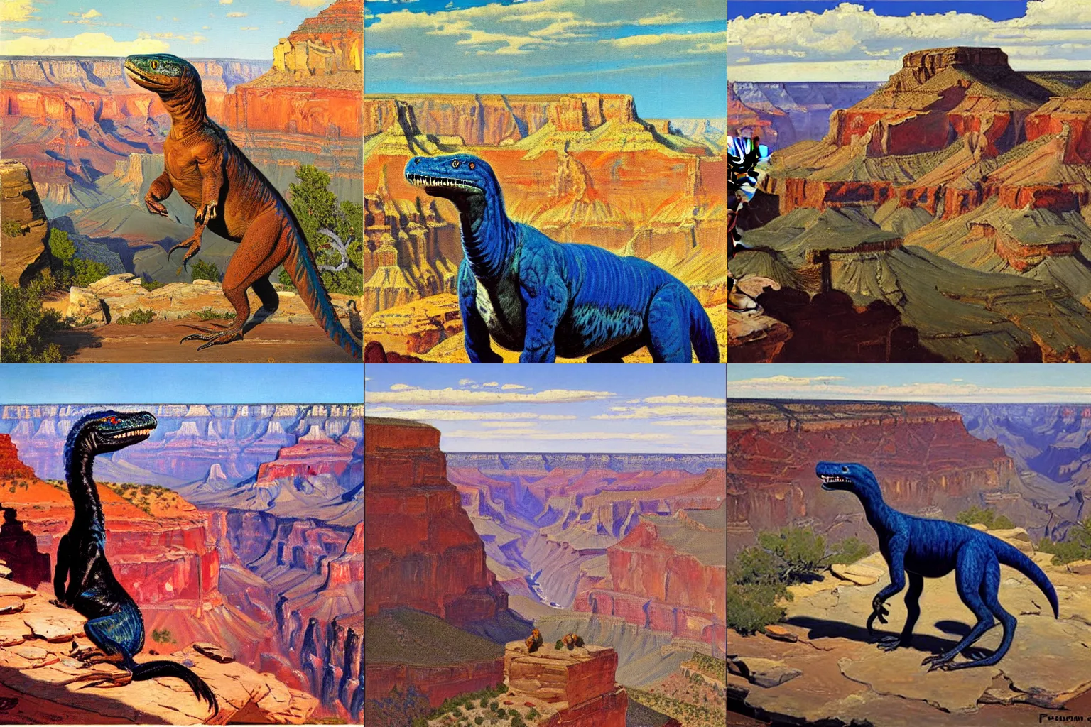 Prompt: A blue utahraptor in the grand canyon, oil painting by Frederic Remington