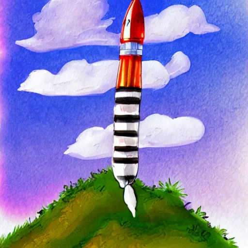 Image similar to a rocket launching into the sky, sunset, fluffy clouds, beautiful digital art, pixiv, digital watercolor painting