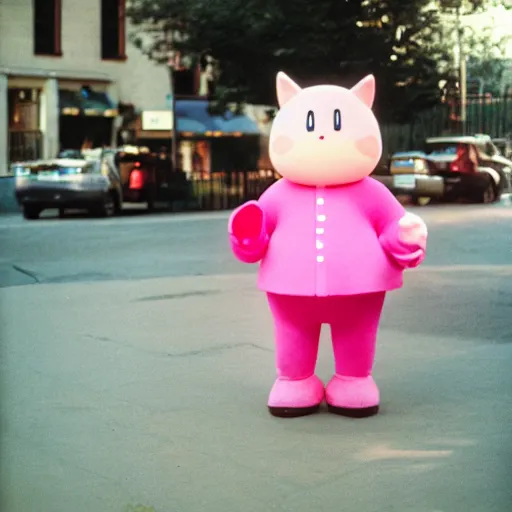 Prompt: giant pink kirby from nintendo walking on the sidewalk dressed in formal clothes, reading for a party, portra 800