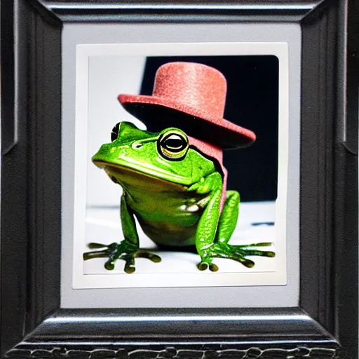 Prompt: A photo of a frog with a hat, he looks very sophisticated, he has a walking stick, polaroid photo