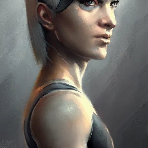 Image similar to portrait of a female cyborg by greg rutkowski, she is about 3 0 years old, white bob hair, she is wearing a black tank top, highly detailed portrait, digital painting, artstation, concept art, smooth, sharp foccus ilustration, artstation hq