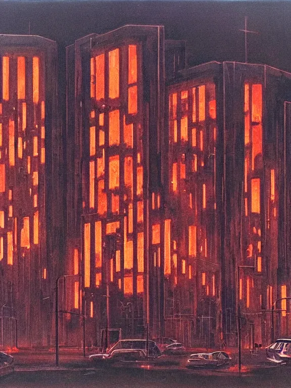 Image similar to painting by beksinsky, giger, bosch of soviet residential building, brutalism architecture, red lights are on windows, demons in adidas, hellish, dark night, hell fire, epic, street lamps as bones with orange light, several birches with skulls, veins wired, mega detailed