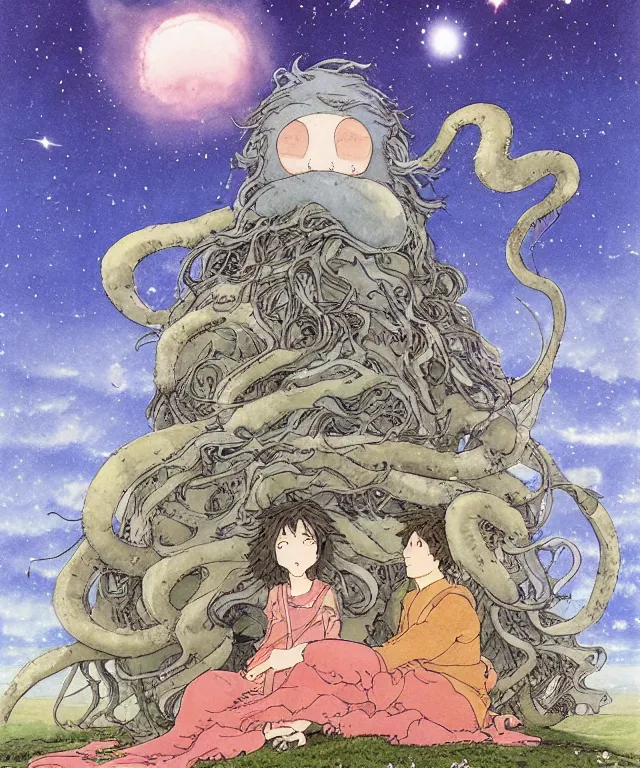 Image similar to a hyperrealist studio ghibli watercolor fantasy concept art. in the foreground is a giant long haired grey squid sitting in lotus position on top of stonehenge with shooting stars all over the sky in the background. by rebecca guay, michael kaluta, charles vess