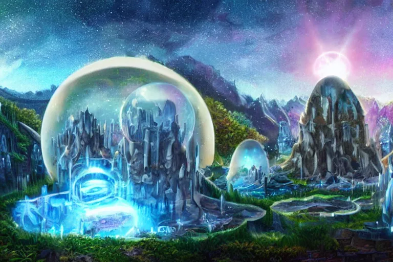 Image similar to neo - atlantean cyber monastery at the core of the hollow earth, giant glowing crystals, hyper detailed surreal sunny outdoor landscape