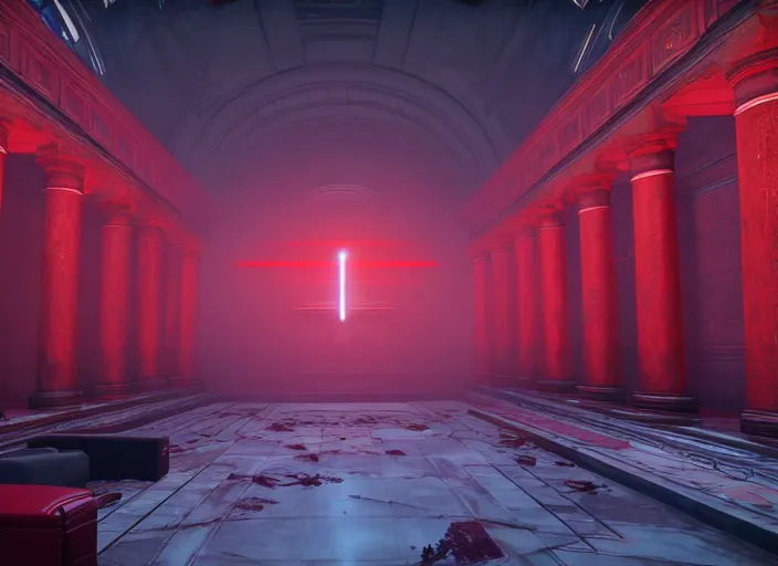 Image similar to ancient european court building with red shafts of light in destiny 2, foggy, liminal, dark, dystopian, beautiful architecture, abandoned, highly detailed 4 k 6 0 fps in - game destiny 2 gameplay screenshot leak