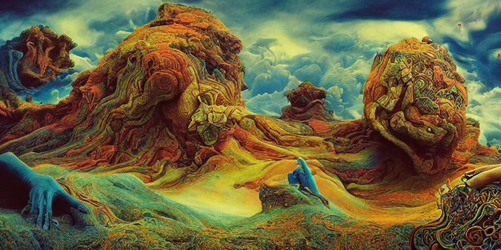 Image similar to ultrawide angle colour masterpiece surreal closeup portrait photography of surrealism by annie leibovitz and michael cheval, incredible sense of depth and perspective and clarity, weird surreal epic psychedelic complex biomorphic 3 d fractal landscape in background by kilian eng and roger dean and giger and salvador dali and beksinski, 8 k