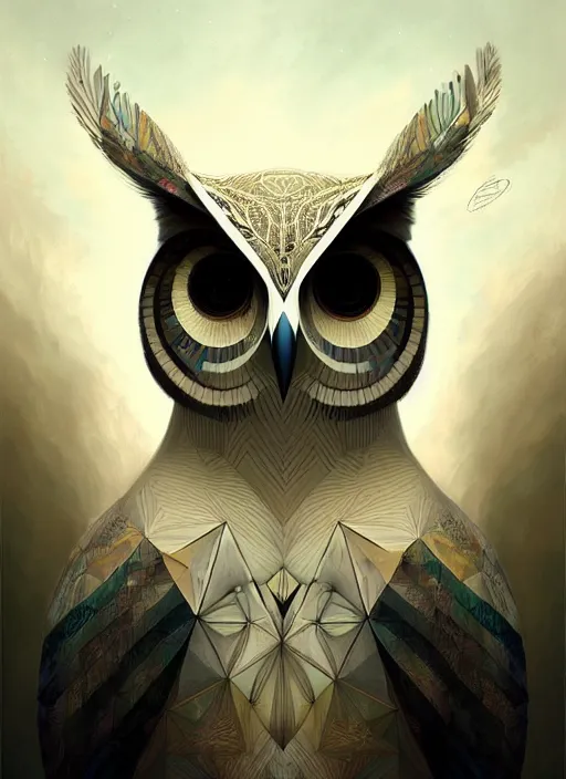 Image similar to portrait of a geometric owl, identical eyes, medium shot, illustration, full body made of white feathers, symmetrical, art stand, super detailed, cinematic lighting, and its detailed and intricate, gorgeous, by peter mohrbacher