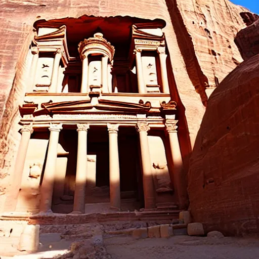 Prompt: the temple of petra with carvings of anime characters