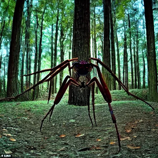 Image similar to a human head with spider legs and no body screaming in the middle of a forest, eerie, dusk, first person, grainy footage,