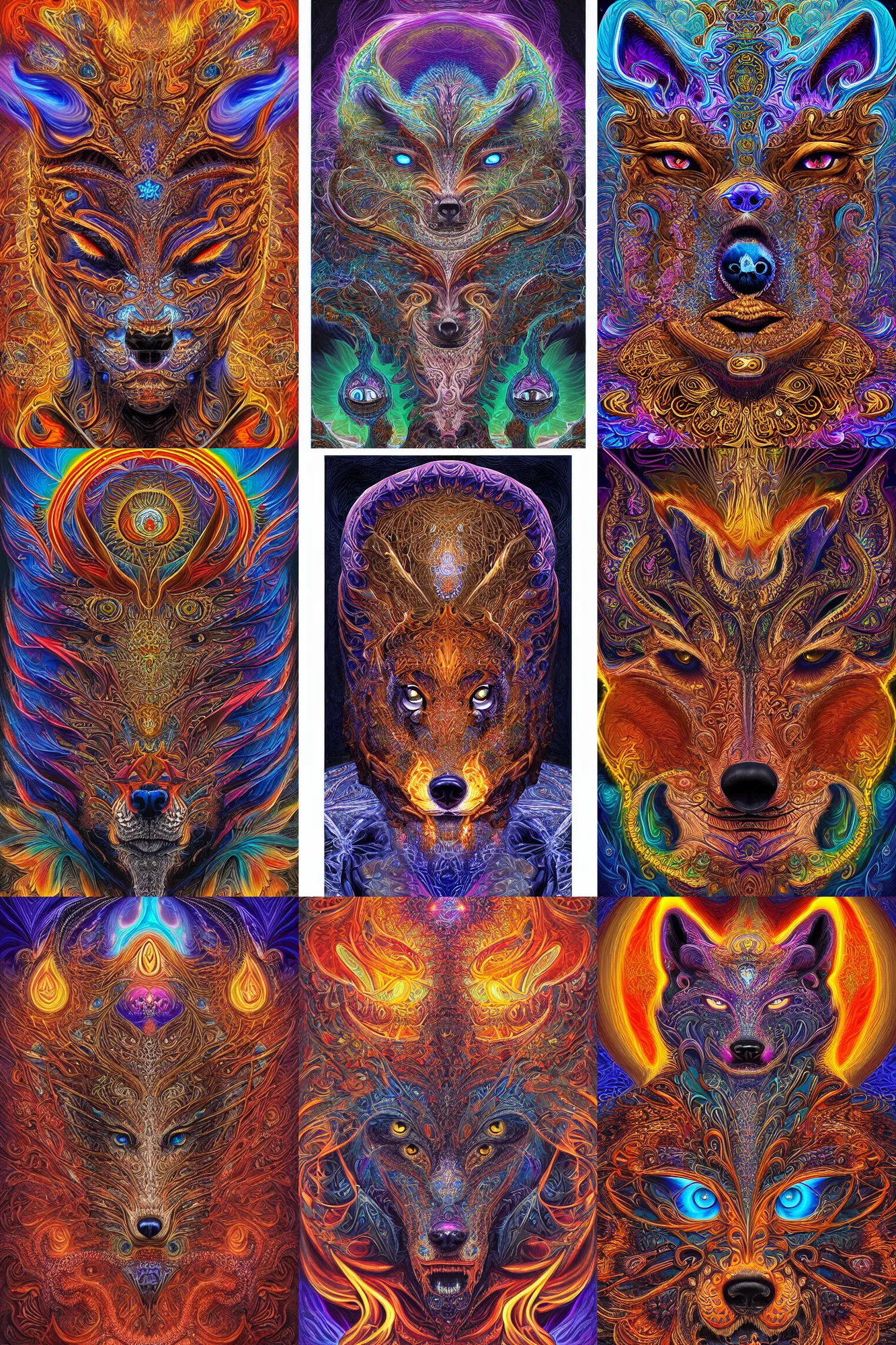 Prompt: a beautiful digital art of a intricate ornate cosmic fractal wolf fire shaman with a third eye by dan mumford and alex grey hd vibrant hyper detailed, 3 d ue 5, ultra fine detailed