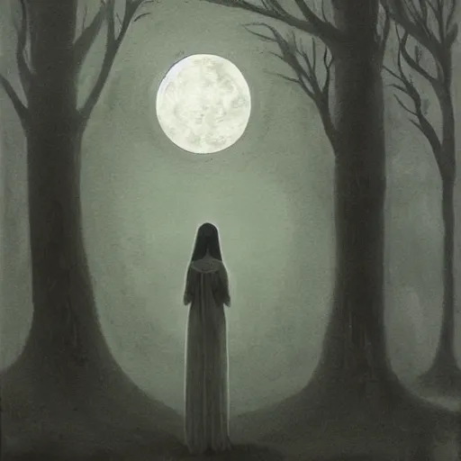 Prompt: human looking at the moon, painting by nona limmen