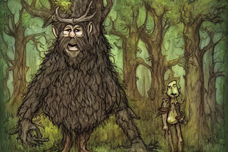 Image similar to a druid treefolk with troll face, standing in the forest, in the style of Tony Diterlizzi and Brian Froud, painterly