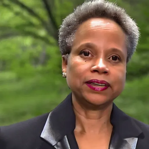 Prompt: chicago mayor lori lightfoot spotted on woodland trail cam late night night vision black-and-white