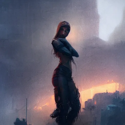 Image similar to a portrait of a very beautiful woman with sad face, post apocalyptic earth in the background as seen by greg rutkowski, dark theme, enchanted, warm colors, high quality, waw, trending on artstation