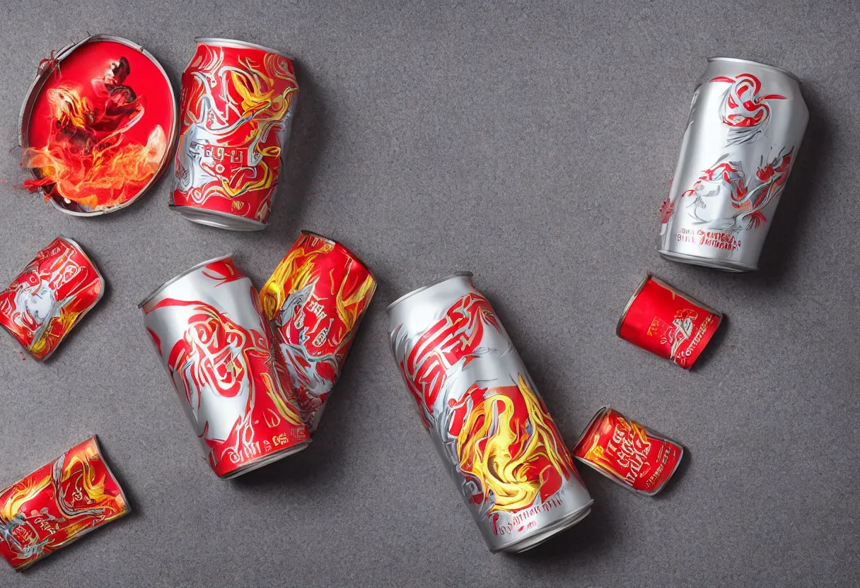 Prompt: an aluminium can of a dragon-flavored energy drink, professional studio photography, smokey and fiery background, packshot