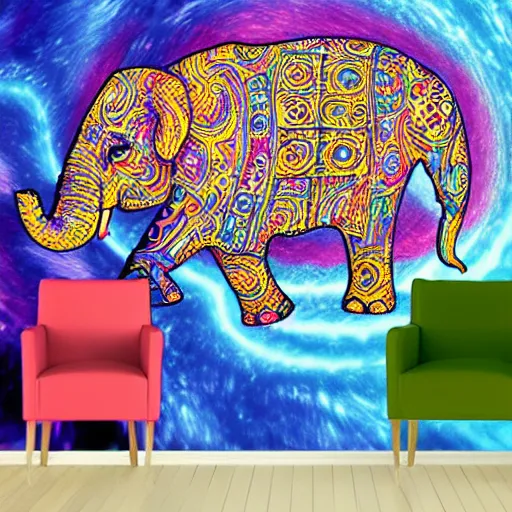 Prompt: elephant in a living room, psychedelic art, anime style, highly detailed, LSD