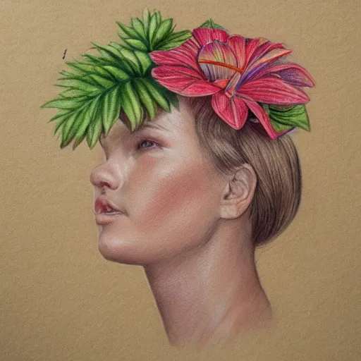 Image similar to Colored pencil art on paper, highly detailed, artstation, Plants, animals, people portrait, Caran d'Ache Luminance