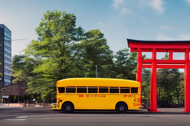 Image similar to Yellow school bus, driving towards a red japanese Torii gate, New York location in USA, ray tracing, high detail, 4K