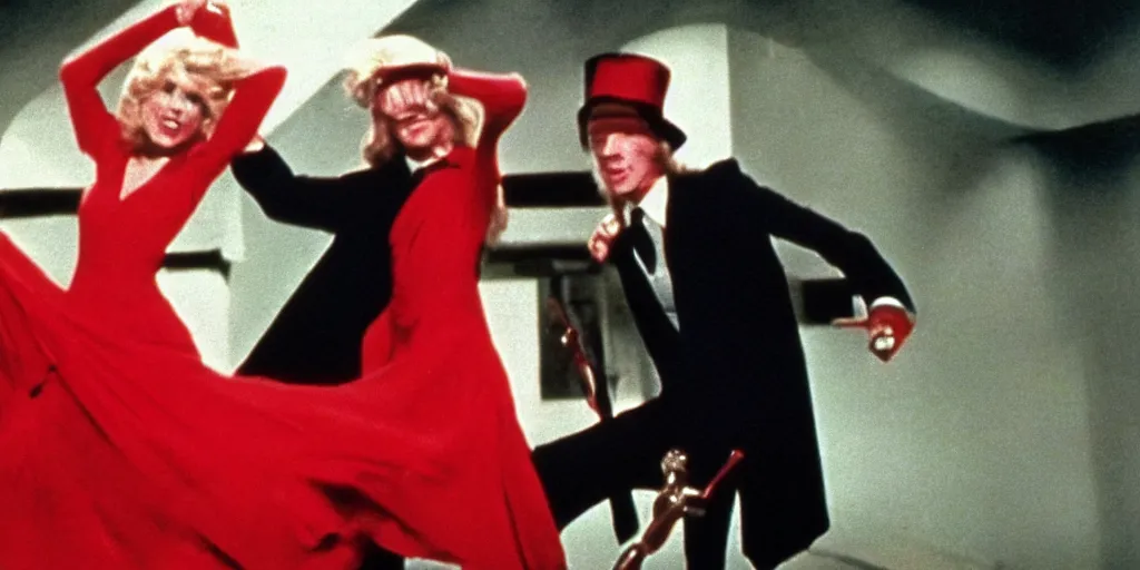 Image similar to a film still of a 70s movie of a blonde young woman wearing a red dress running of a man holding a cane wearing black suit and a bowler hat with a monstrous hat