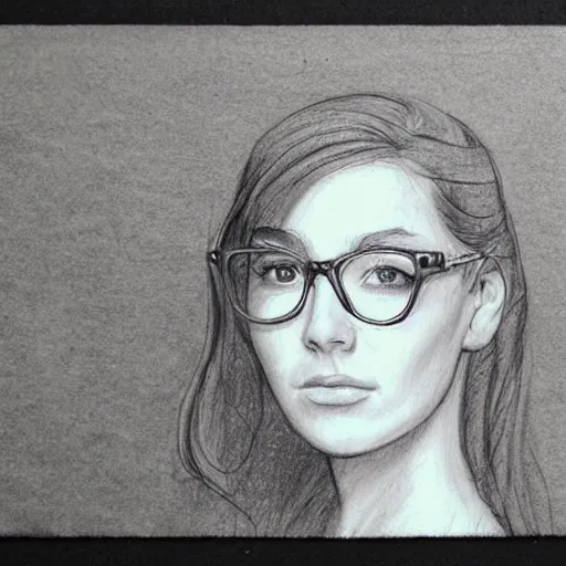 Prompt: pencil sketch!!, portrait of young woman, big!!!!!!!!!!!!, large!!!!!! eyeglasses!!!