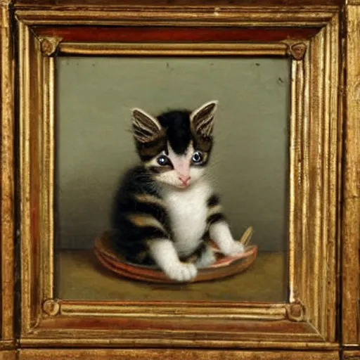 Image similar to an 1 8 th century highly detailed oil painting of a kitten wearing a chefs outfit