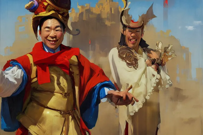 Image similar to greg manchess portrait of an asian man in a jester outfit cheering in the center of an arena, profile picture, organic painting, sunny day, matte painting, bold shapes, hard edges, street art, trending on artstation, by huang guangjian, gil elvgren, ruan jia, randy vargas, greg rutkowski