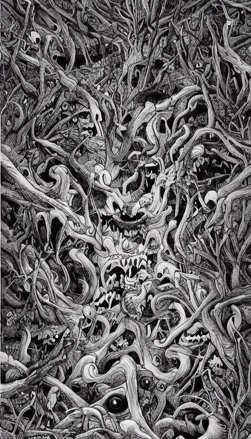 Prompt: a storm vortex made of many demonic eyes and teeth over a forest, by james jean,