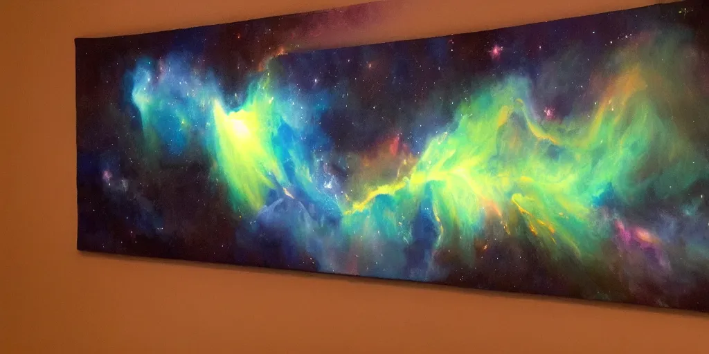 Prompt: Panoramic painting of a glowing, volumetric nebula, luminous oil on canvas.