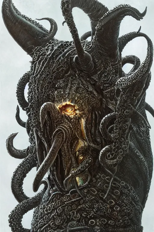 Image similar to full body concept art of Cthulhu wearing viking armor made with porcelain by Jeff Easley and Peter Elson + beautiful eyes, beautiful face + symmetry face + galaxy + gothic, surreal, dread + highly detailed, intricate complexity, epic composition, magical atmosphere + masterpiece, award winning + trending on artstation