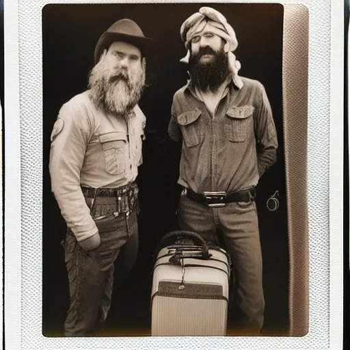Prompt: photorealistic 8 0's polaroid of an eccentric expeditionary bearded archaeologist with luggage and a rich clean - shaven suave handsome aristocrat standing next to him