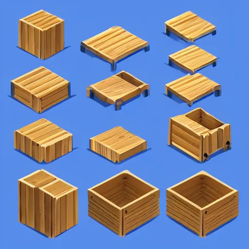 Prompt: cubby isometric wooden crate 3 d icons for mobile game, stylized, blue scheme, octane render