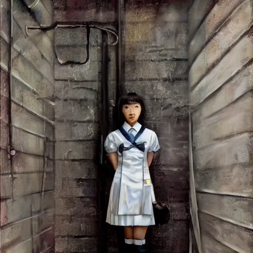 Image similar to a perfect, realistic professional oil painting of a Japanese schoolgirl posing in a dystopian alleyway, style of Marvel, full length, by a professional American senior artist on ArtStation, a high-quality hollywood-style concept