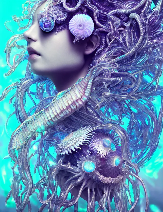 Image similar to goddess macro close - up portrait wigh crown made of ram skull. betta fish, jellyfish phoenix, bioluminiscent, plasma, ice, water, wind, creature, super intricate ornaments artwork by tooth wu and wlop and beeple and greg rutkowski