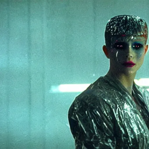 Image similar to cinematic portrait of a runaway replicant with tribal facepaint and a plastic raincoat in an empty room, still from the movie bladerunner