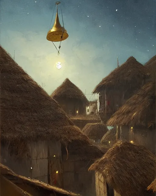 Prompt: Painting by Greg Rutkowski, a big ceramic jug with a gold ornament flies high in the dark night sky above a small village with built-up huts under thatched roofs