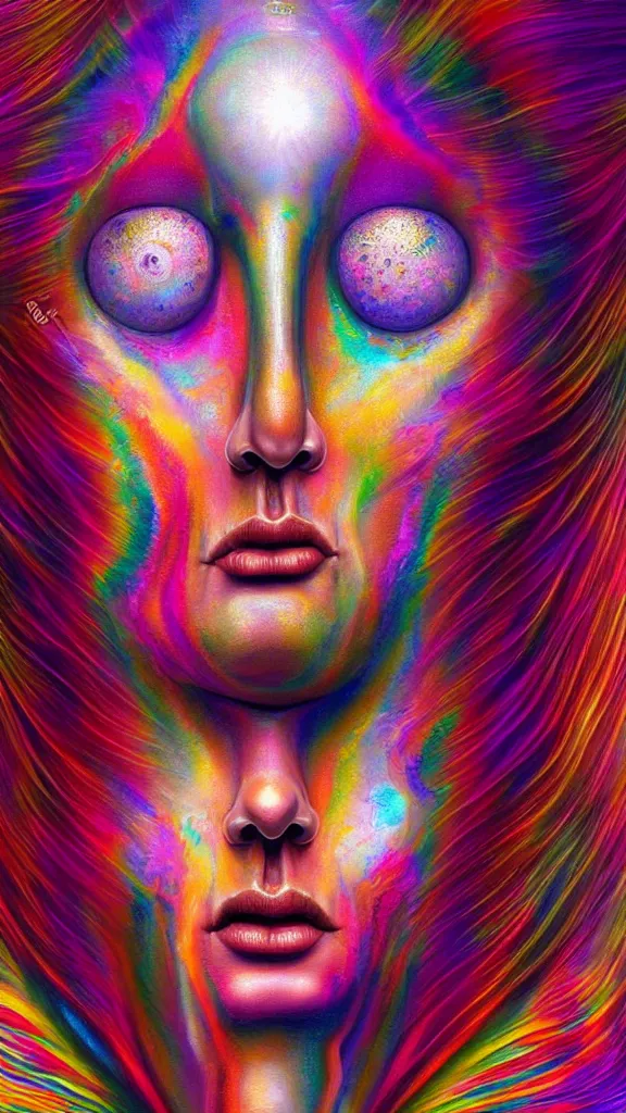 Prompt: hyperrealistic abstract close-up female portrait Renaissance psychedelic!! celestial happy! pure creature!! peaceful! kind spirit of nature! beautiful fractal!! eyes! highly detailed concept art eric zener elson peter cinematic hard rainbow lighting high angle hd 8k sharp shallow depth of field endless, inspired by Zdzisław Beksiński Salvador Dali