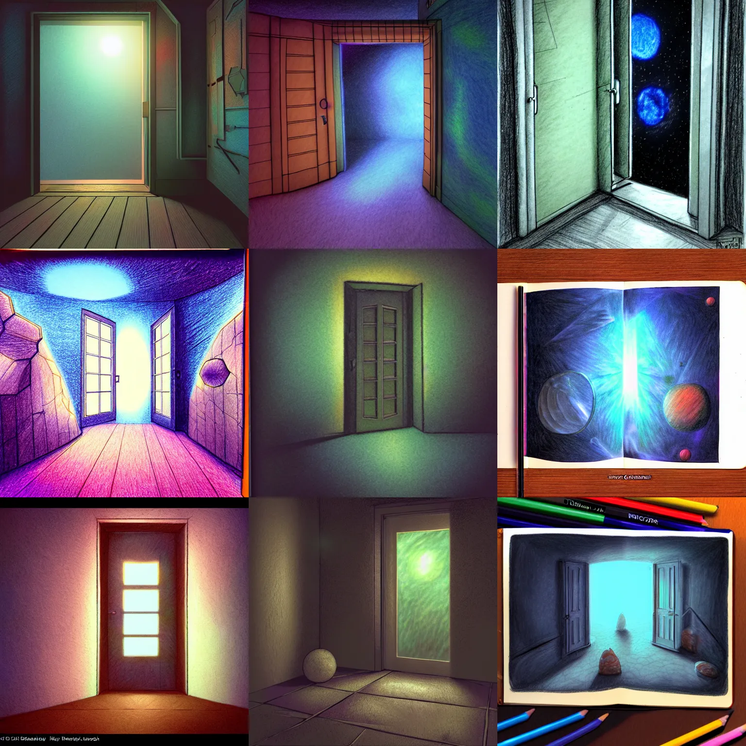 Prompt: the back door to the far reaches of the universe, sketchbook!, colored pencils, v-ray render, ambient lighting, vibrant hues, moody, somber, realistic, ray tracing