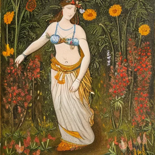 Image similar to detailed painting of a goddess walking through a medow, flowers bloom where she steps