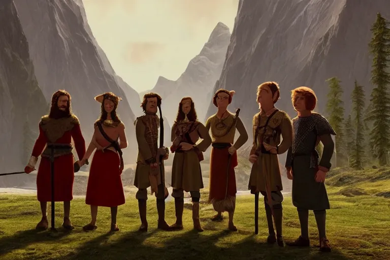 Image similar to A group of 5 high fantasy adventurers lined up for a group portrait, Screenshot of Wes Anderson's New RPG Movie, directed by Wes Anderson, Chest high, Photo realistic, Regal, Formal, Cinematic, Symmetrical, Satisfying dynamic lighting, Highly Detailed, Cinematic Lighting, 8k, HD