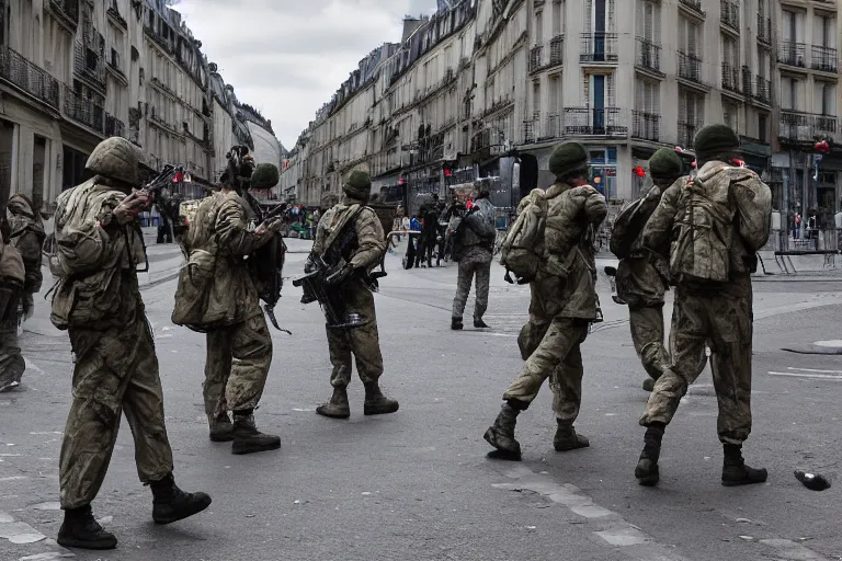 Image similar to soldiers fighting in the street of Paris, photography photorealism, photojournalism