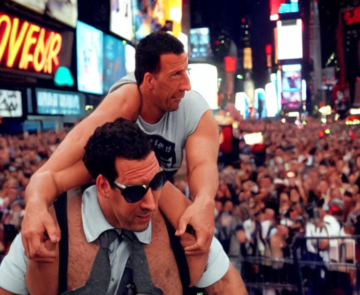 Image similar to The rock piggyback on Adam Sandler on Methamphetamine at Times Square, photograph by Alfred Eisenstaedt, 4K, dramatic lighting; 4K 8K