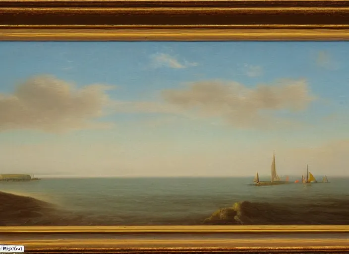 Image similar to texel with the waddenzee in the background, the netherlands in the style of hudson river school of art, oil on canvas