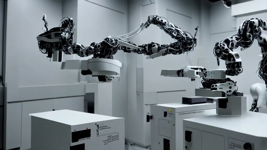 Image similar to a complex bifurcated robotic cnc surgical arm hybrid mri 3 d printer machine making black and white ceramic mutant forms in the laboratory inspection room, film still from the movie directed by denis villeneuve with art direction by salvador dali, wide lens