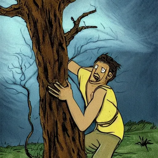 Prompt: The print shows a man caught in a storm, buffeted by wind and rain. He clings to a tree for support, but the tree is bent nearly double by the force of the storm. The man's clothing is soaked through and his hair is plastered to his head. His face is contorted with fear and effort. Adventure Time, mint by Tibor Nagy, by Mab Graves evocative