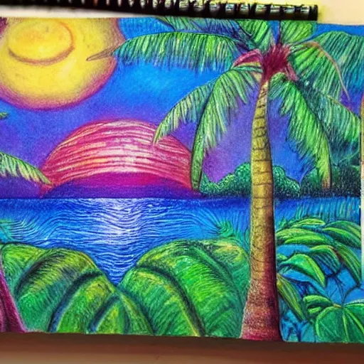 Prompt: sunset tropical forest, sparkling spirits, detailed wide shot, crayon, ground detailed, wet eyes reflecting into eyes reflecting into infinity, beautiful lighting