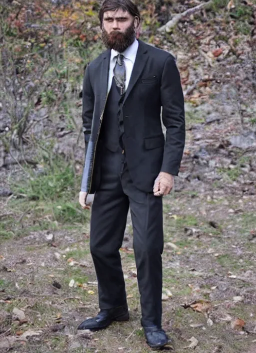 Prompt: Caveman wearing a suit and boots from Carol Christian Poell's latest fall collection