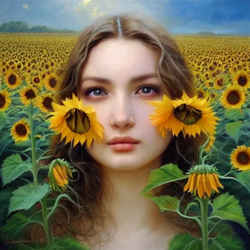 Image similar to a girl slowly walking through amazing tall sunflower field, hair flowing, early morning lighting, elegant, subtle, intricate details, beautiful face!, real masterpiece, oil on canvas, by karol bak, ayami kojima, artgerm, smile, concept art, fantasy