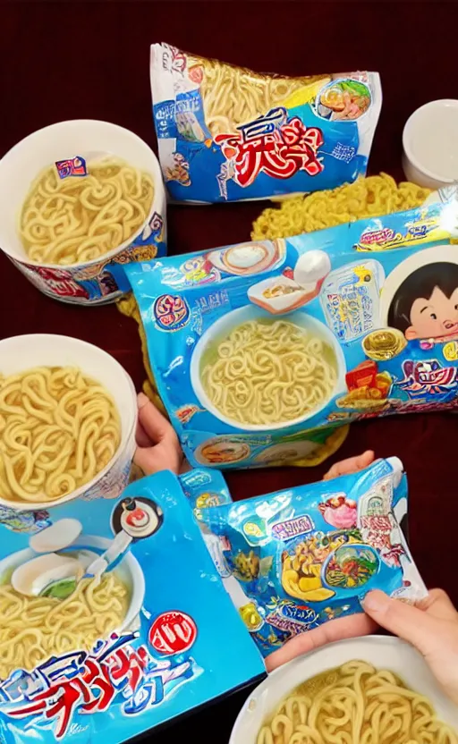 Prompt: White elephants eat instant noodles, Doraemon style.