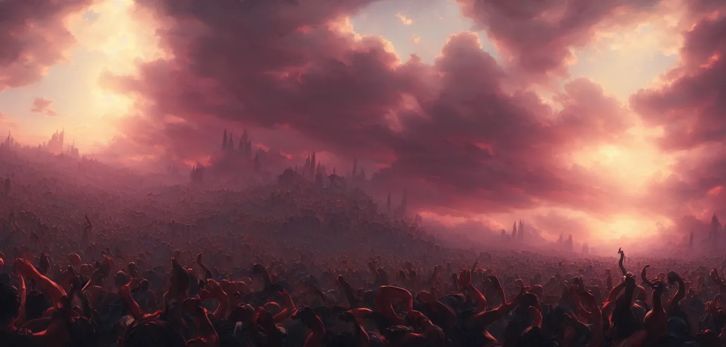 Image similar to painting of a crowd with raised arms pointing toward, cinematic view, epic sky, detailed, concept art, low angle, high detail, warm lighting, volumetric, godrays, vivid, beautiful, trending on artstation, by jordan grimmer, huge scene, art greg rutkowski