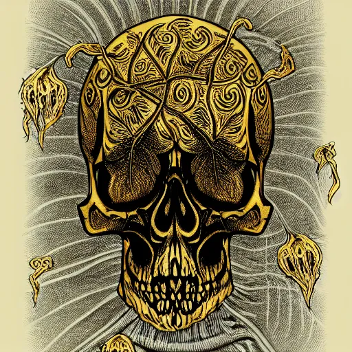 Image similar to chiaroscuro Still life of ray of light shining on golden skull etched with detailed and intricate ancient runes and overtaken by plant ivy filigree, in a Vast jungle background